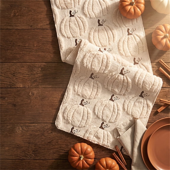 Cififendec Autumn Pumpkin Embroidered Plush Table Runner, 92"×13", 3D Textured Decorative Table Runner for Farmhouse Dining Table Harvest Gathering