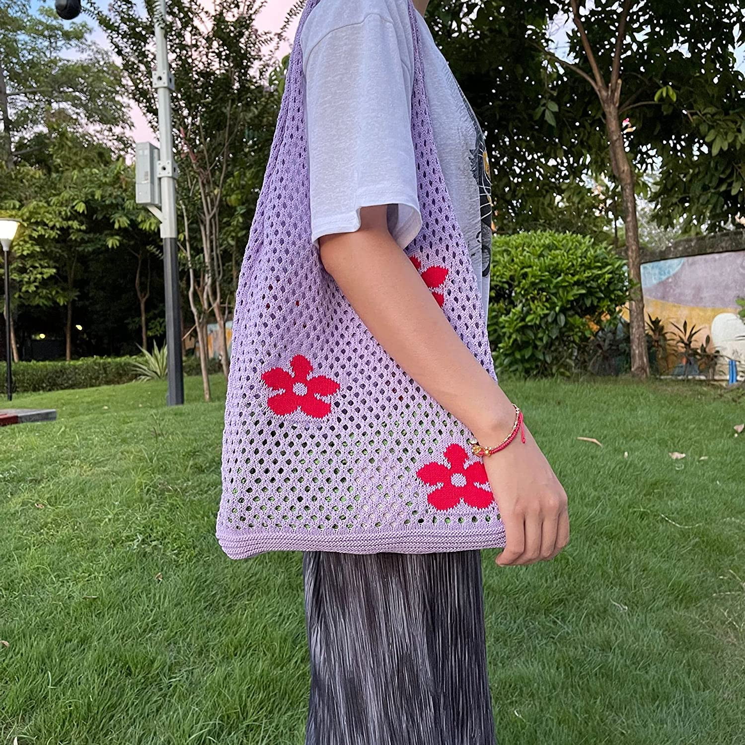 Kukuzhu Fairycore Crochet Tote Bag Y2K Grunge Knitted Shoulder Bag Flower Hollow Out Purse Cottagecore Accessories