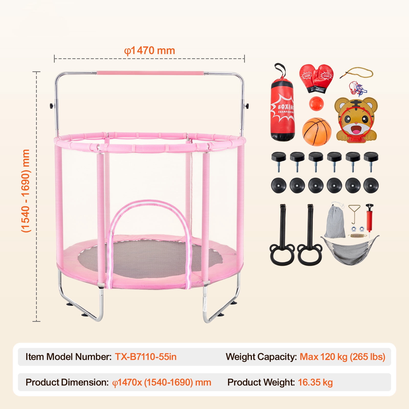 KFFKFF 55" Children's Trampoline, 4.6FT for Indoor and Outdoor Use, Petite Trampoline for Toddlers with Protective Netting and Basketball Hoop, Ideal Birthday and Christmas Presents for Kids Aged 3