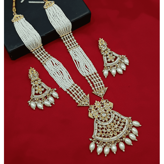 Vivajewels1 Traditional Indian Kundan & Pearl Long Necklace Set with Earrings – Bridal Jewelry Set for Women