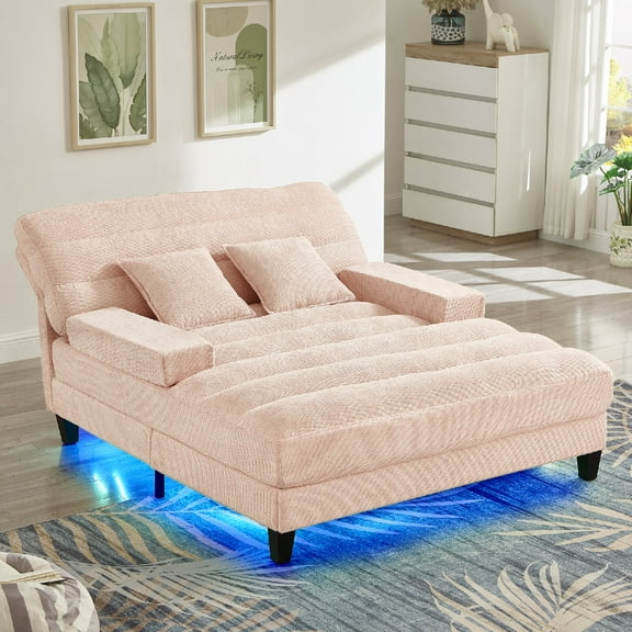 57.1" Oversized Chaise Lounge Sofa with LED Light, Comfy Chenille Sofa Recliner Bed Upholstered Sleeper Couch Lounge Sofa Chair with Adjustable Backrest and Armrests for Living Room, Pink