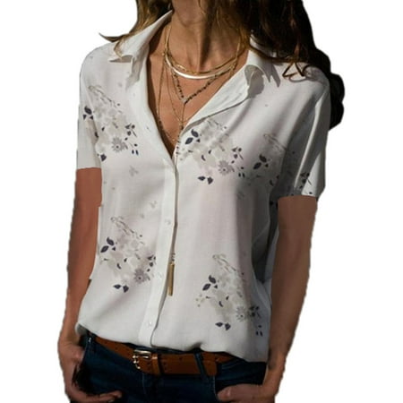 Women Short Sleeve Floral Button Turndown Shirts