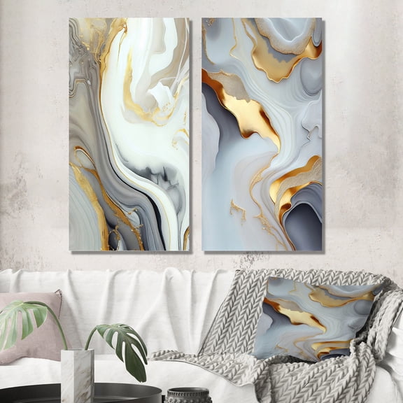 Designart "Marble Abstraction in White and Gold III" Abstract Marble Wall Art Set Of 2 - White Abstract Canvas Set For Living Room Decor
