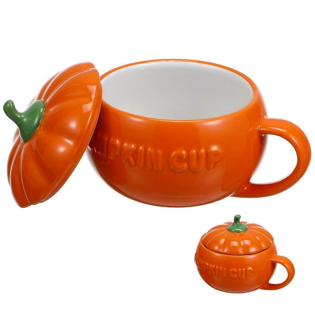 2 Pc Creative Pumpkin Cups Ceramic Cups Halloween Cups with Covers (Orange