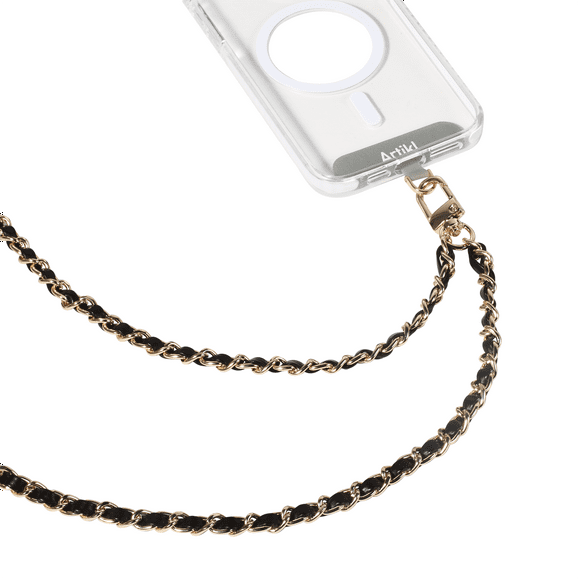 Artikl Sangle Crossbody en Cuir Végan & Chaîne Métallique pour Téléphone - Noir & Or Sangle universelle pour téléphone, noire et dorée, à porter en bandoulière