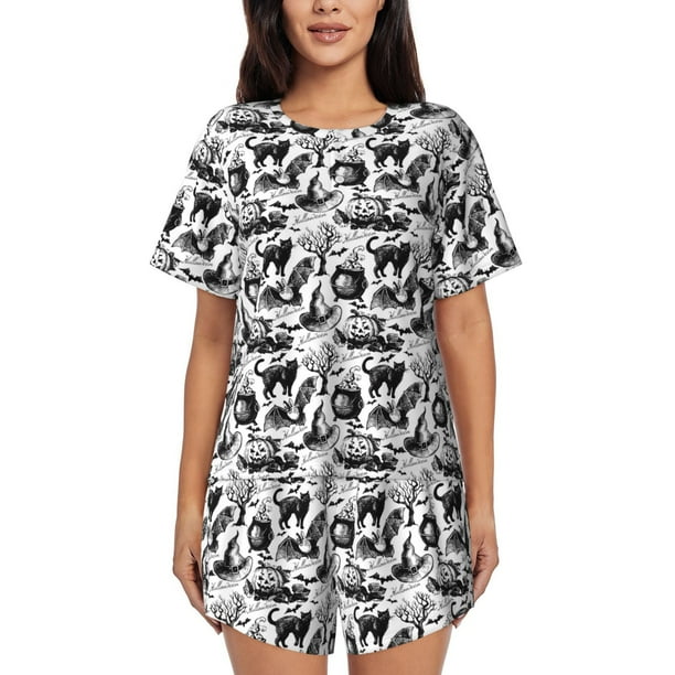 Fotbe Black White Halloween Conjunto de Pijama Estampado para Mujer, 2 Piezas, Ropa de Dormir con Camiseta de Manga Corta y Shorts Suaves-Large