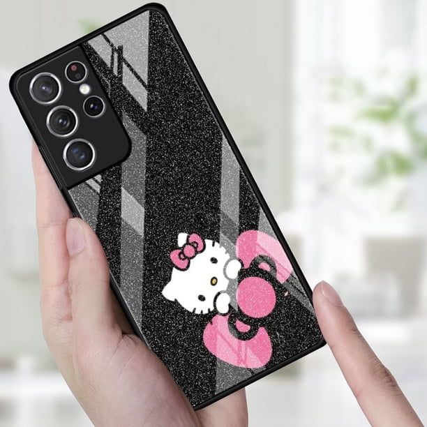 Funda de teléfono para Samsung Galaxy S22, S21, S20 Ultra FE, S10, S8, S9 Plus, S10e, Note 20, 10, 9, cubierta de vidrio templado, lindo gato de Hello Kitty zhangmengya LED