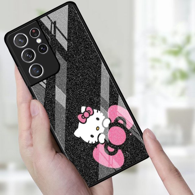 Funda de teléfono para Samsung Galaxy S22, S21, S20 Ultra FE, S10, S8, S9 Plus, S10e, Note 20, 10, 9, cubierta de vidrio templado, lindo gato de Hello Kitty zhangmengya LED
