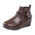 thumbnail image 2 of Women's Buckle Side Zipper Ankle Boots Chunky Platform Comfort Flat Sole Retro Leather Booties Equestrian Ready Footwear Fall Spring Riding Essential Brown, 2 of 9