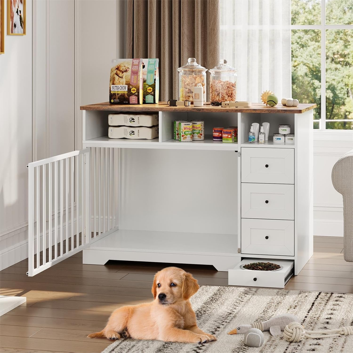 Homhougo 48 Inch Dog Crate Furniture, Farmhouse Dog Kennel with Bowl & Drawers, Heavy Duty Pet Crate Table for Medium Small Dogs for Living Room, Entryway Storage, White
