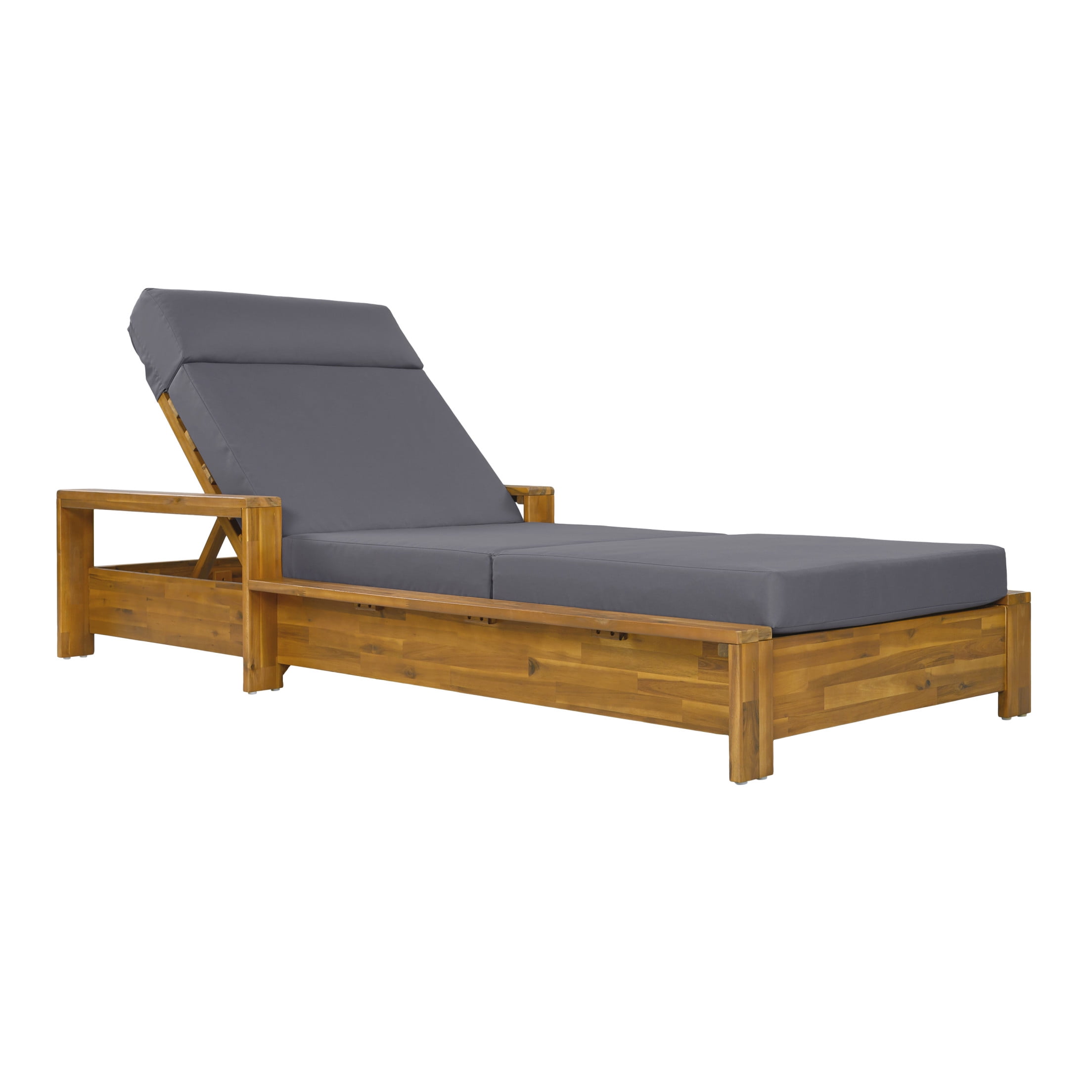 Christopher Knight Home Acacia Wood Outdoor Chaise Lounge Set with Armrests, 4-Fold Cushion, Teak + Dark Gray