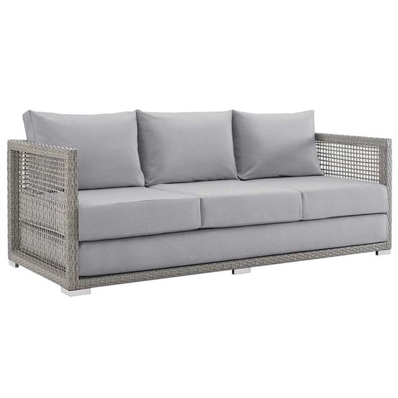 Pemberly Row Modern Rattan & Fabric Outdoor Patio Sofa in Gray
