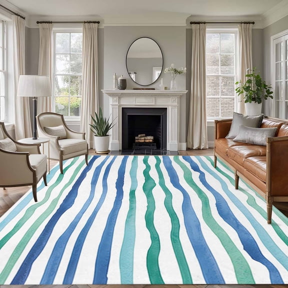 Green Blue Stripes 5'x8' Area Rug for Living Room, Ocean Waves Abstract Modern Art Washable Non-Slip Rugs for Bedroom Nursery Dining Room, StainResistant Low-Pile Kitchen Carpet Large Entryway Rugs