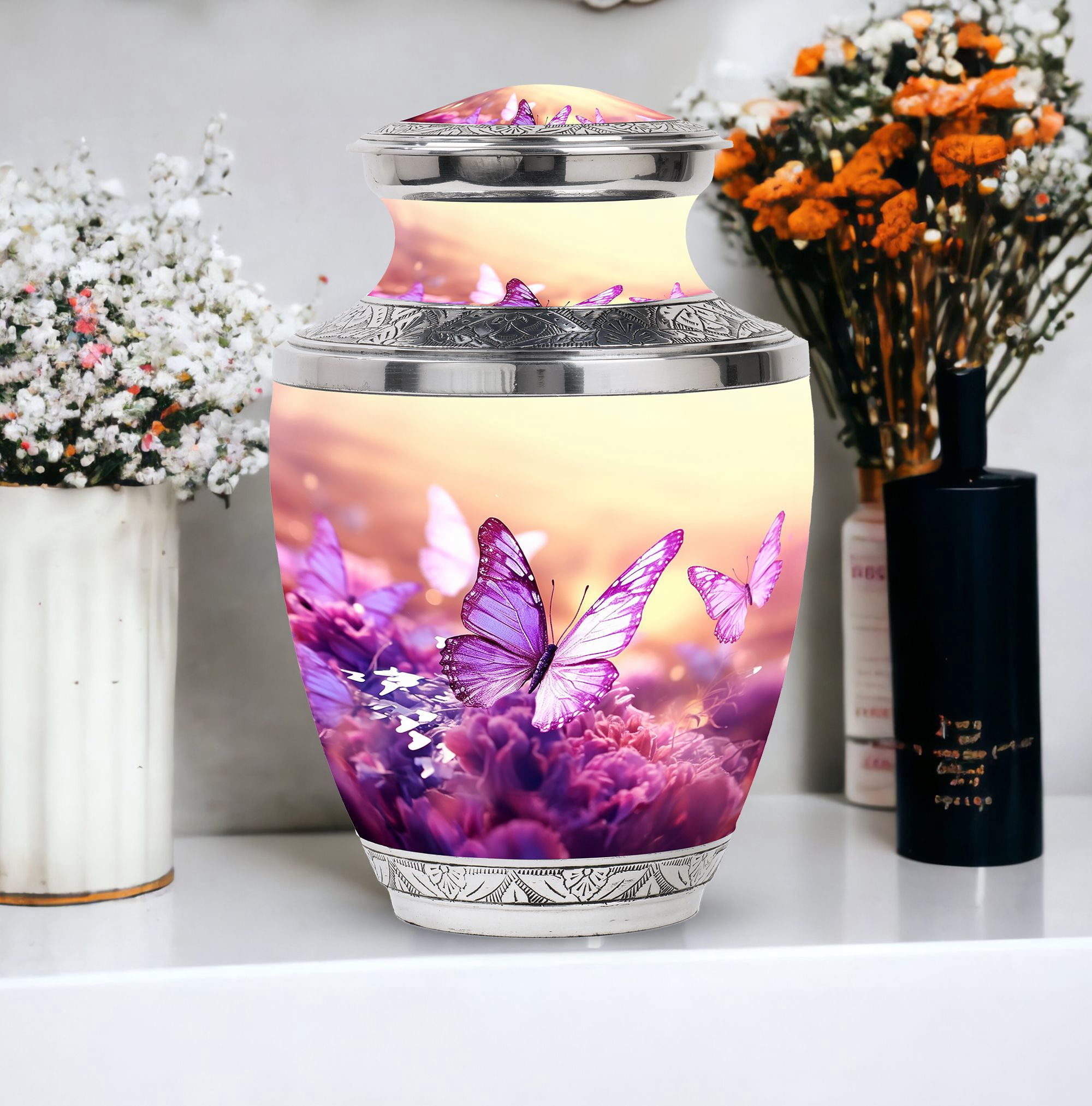 Purple Butterfly Unique Urns For Human Ashes Adult Father - Memorial Small Urn For Ashes Adult Women - Large Burial Gifts For Decorative Combo 10Inch 200Lbs And 3Inch 4 Keepsake