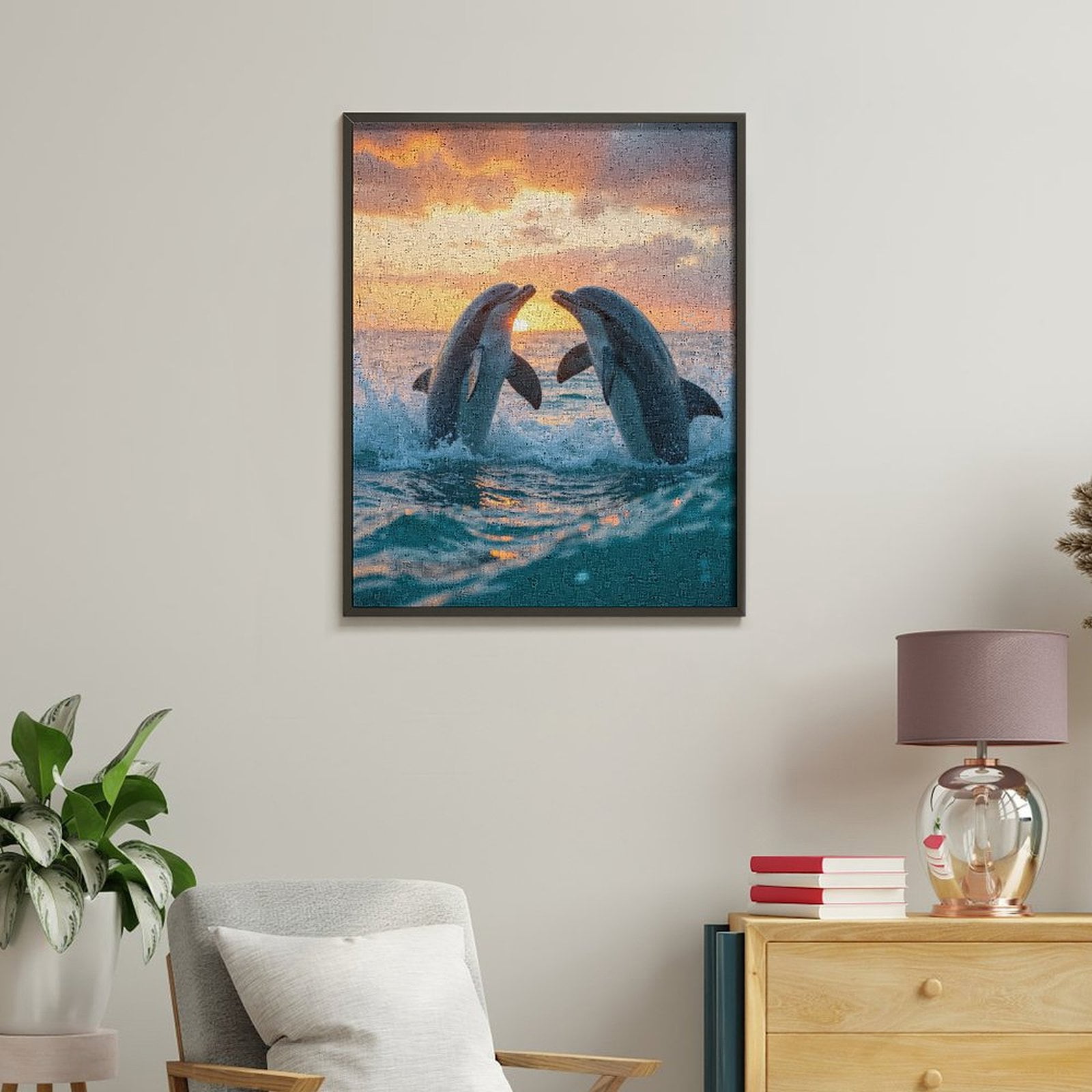 Paint By Numbers Kit for Adults Beginner - Dolphins Sunset Ocean Splashing Waves DIY Canvas Painting Kits for Adults, Frameless Paint By Number for Adults for Home Wall Decor 16x20 Inch
