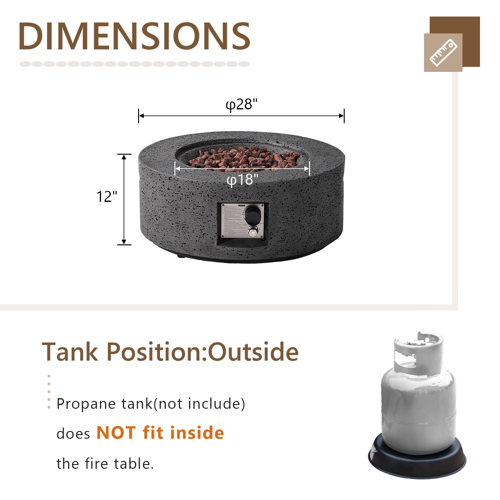 VENTOPYR 28" Outdoor Propane Fire Pit Table,40000 BTU Stainless Heater w/ Lava Rocks & Cover, Gray