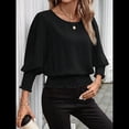 thumbnail image 4 of Blusas de Mujer con Cuello Redondo, 3/4, Cintura Elástica y Dobladillo Fruncido, Blusas Casuales Lisas Negro L, 4 of 9