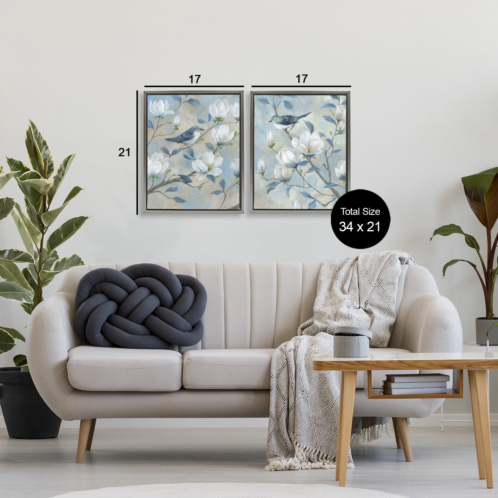Stupell Industries Blue Birds in Magnolia Tree 2 Piece Gray Framed Floater Canvas Set, design by Nan