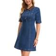 thumbnail image 4 of INSPIRE CHIC Women's Jean Dresses Vintage Collared Button Short Sleeve Fit and Flare Demin Dress S Blue, 4 of 6
