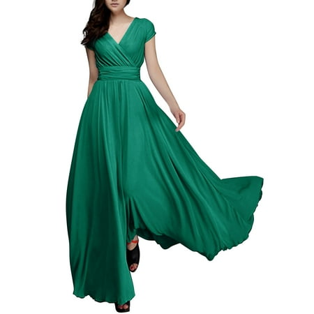Pavied Prom Dress Corset Dress Long Dress Women s Solid Color V Neck Short Sleeved Chiffon Waist Dress Boho Dress Summer Dress Clearance Items Green 1 5XL