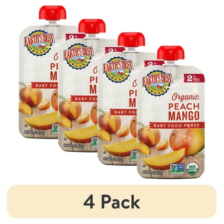 (4 pack) Earth's Best Organic Stage 2 Baby Food, Peach Mango, 4 oz Pouch