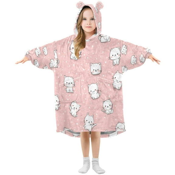 BZSMCE Wearable Blanket Hoodie Fashion White Cats on Pink Home Wear
