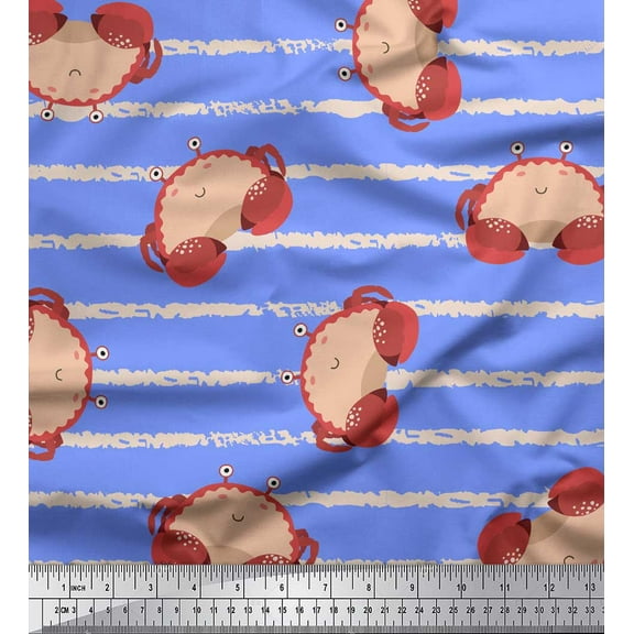 Soimoi Blue Cotton Duck Fabric Crabs Ocean Print Sewing Fabric Yard 44 Inch Wide