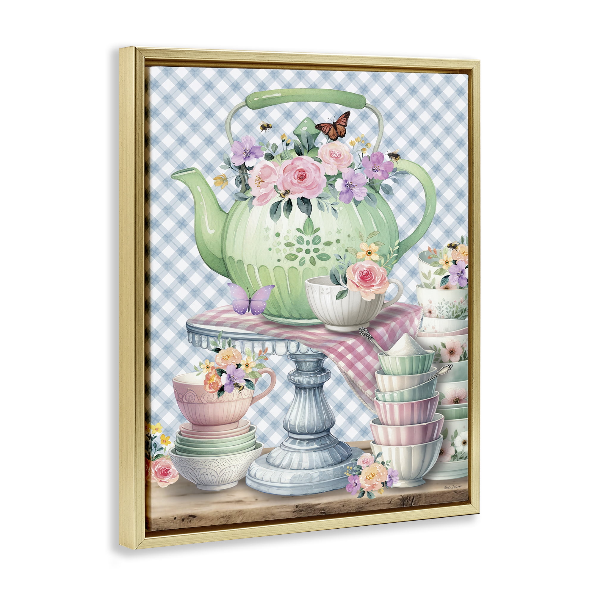 Stupell Industries Tea Kettle on Gingham Food & Beverage Painting Gold Floater Framed Canvas Art Print Wall Art, 17 x 21