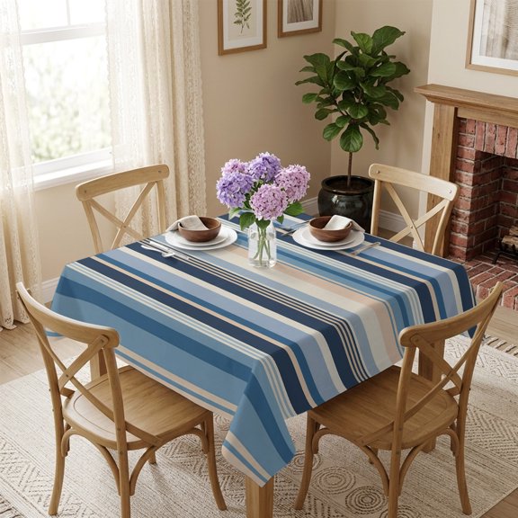 Blue Stripe Lines Square Tablecloth 54x54 Inch Retro Classic Striped Waterproof Polyester Table Cover, Washable Stain Resistant Tablecloth for Dining Table Kitchen Wedding