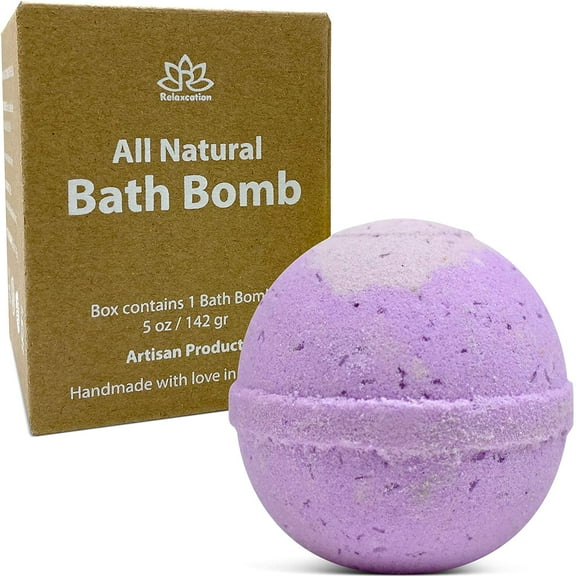 Organic Lavender Bath Bomb with Essential Oils and Relaxing Bath Salts, Moisturizing Coconut Oil, for Women and Men Handmade in USA by Relaxcation