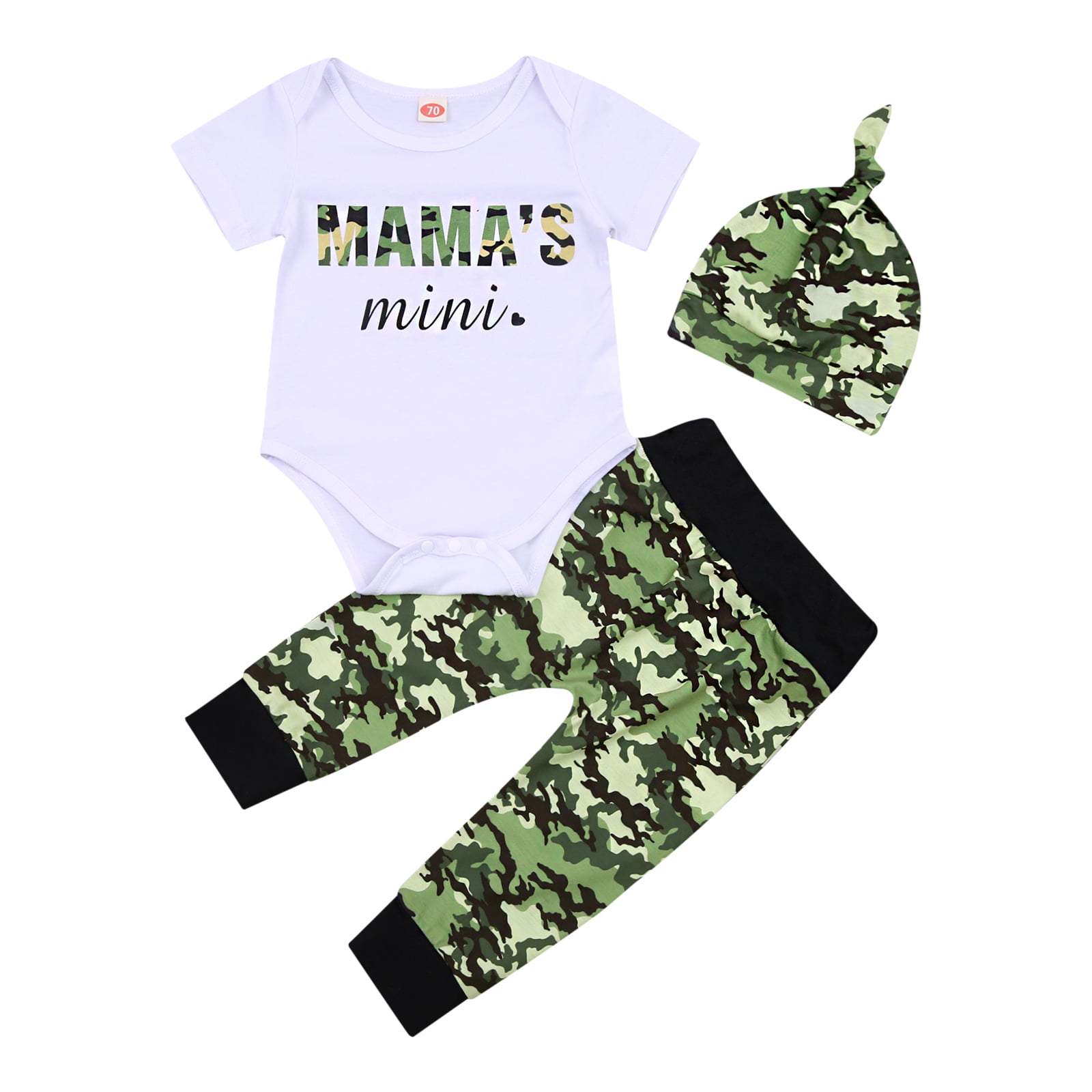 Newborn 3Pcs Romper Set Short Sleeve Letter Printed Bodysuit with  Camouflage Long Pants and Hat