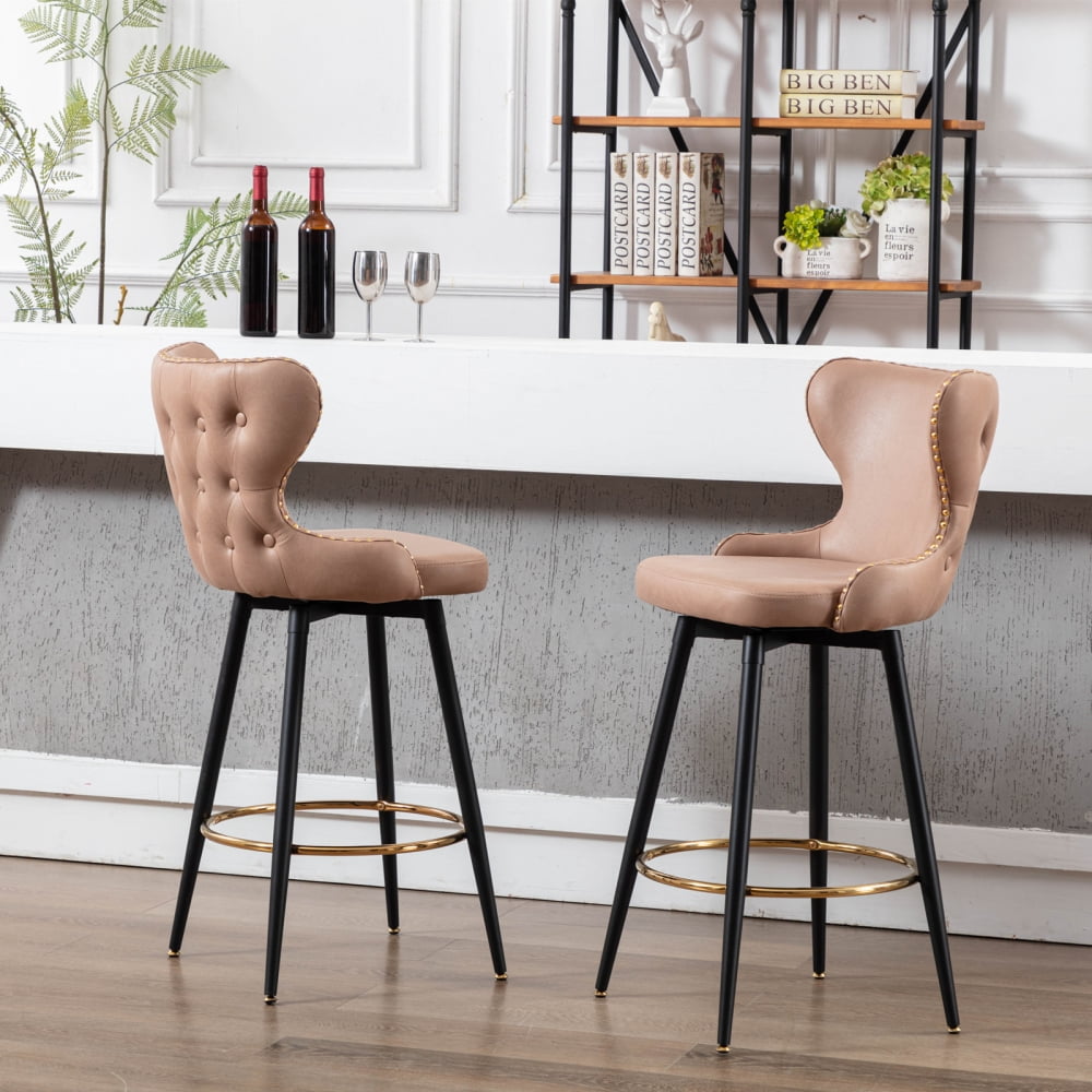 29" Leather Bar Stools Set of 2, 180° Swivel Counter Height Bar Stools
