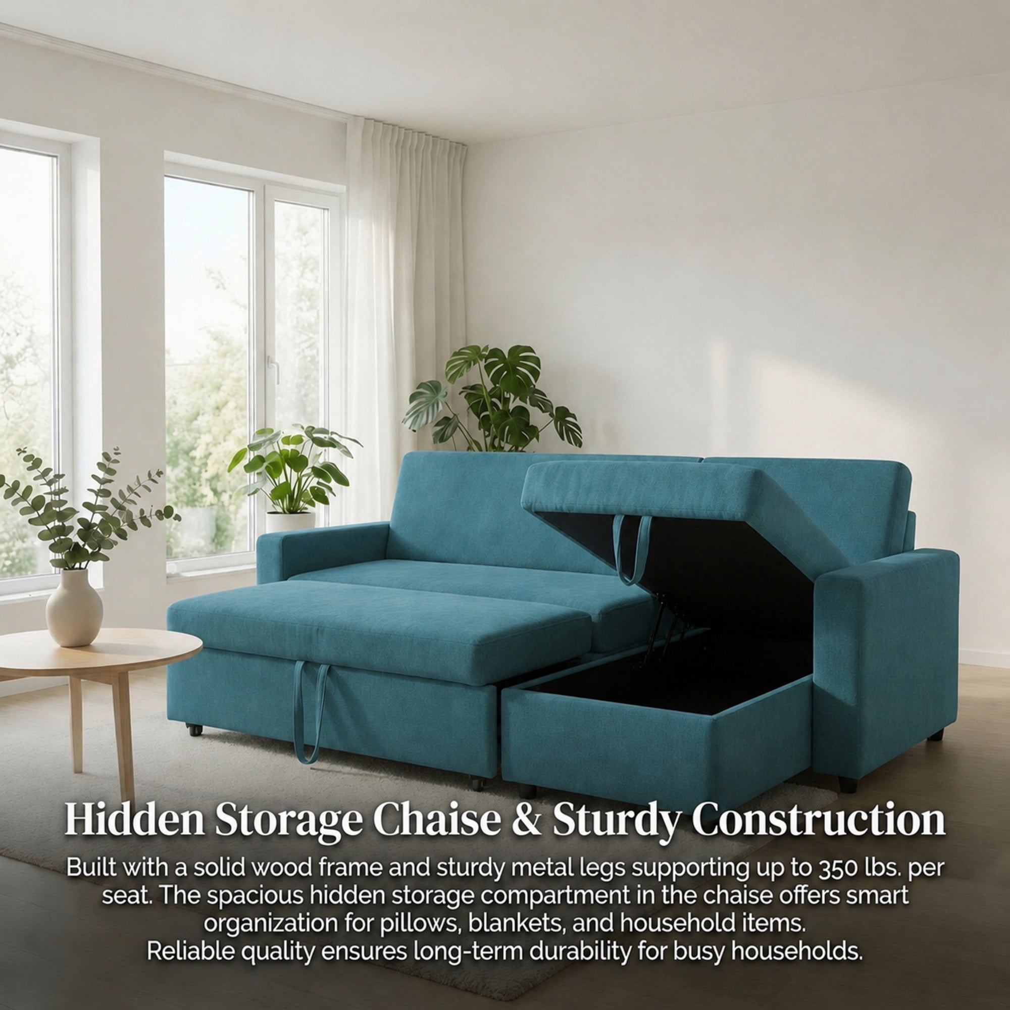 TiramisuBest L-Shaped Convertible Sofa Bed with Reversible & Storage Chaise,84"W Fluffy Flannel Sectional Sleeper for Living Room,Blue