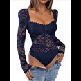 thumbnail image 3 of Body de Larga con Encaje Floral Transparente para Mujer, Top con Escote Corazón Azul Oscuro XL, 3 of 10