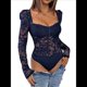 thumbnail image 3 of Body de Larga con Encaje Floral Transparente para Mujer, Top con Escote Corazón Azul Oscuro M, 3 of 10