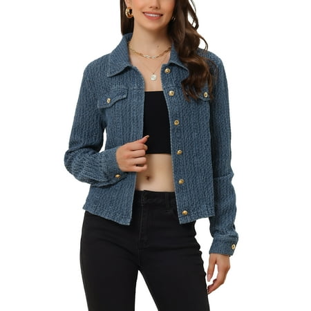 MODA NOVA Juniors Jean Jacket Button Up Long Sleeves Texture Washed Casual Denim Jacket Blue S