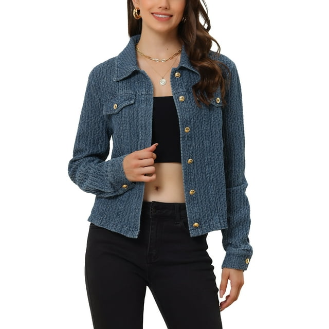 INSPIRE CHIC Women's Jean Jacket Button Up Long Sleeves Texture Washed Casual Denim Jacket S Dark Blue