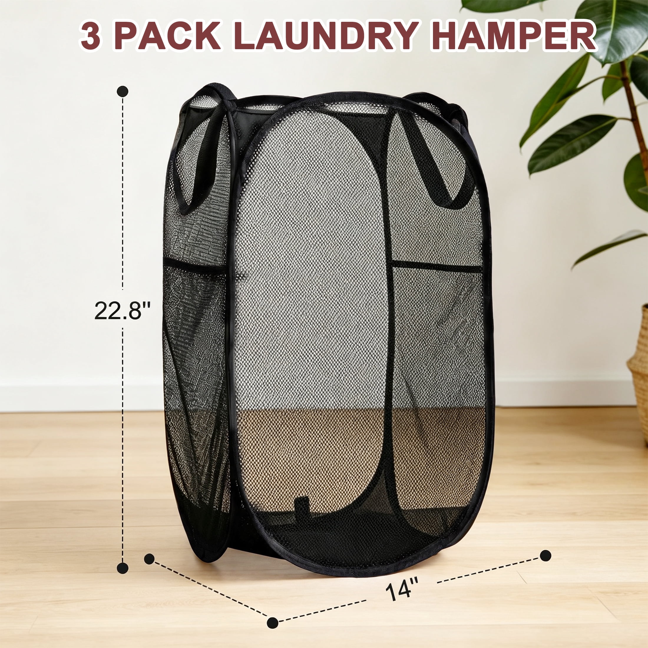 GARITIN 3 Pack Pop Up Mesh Laundry Hamper, Collapsible Dirty Clothes Basket with Carry Handles for Bedroom Bathroom