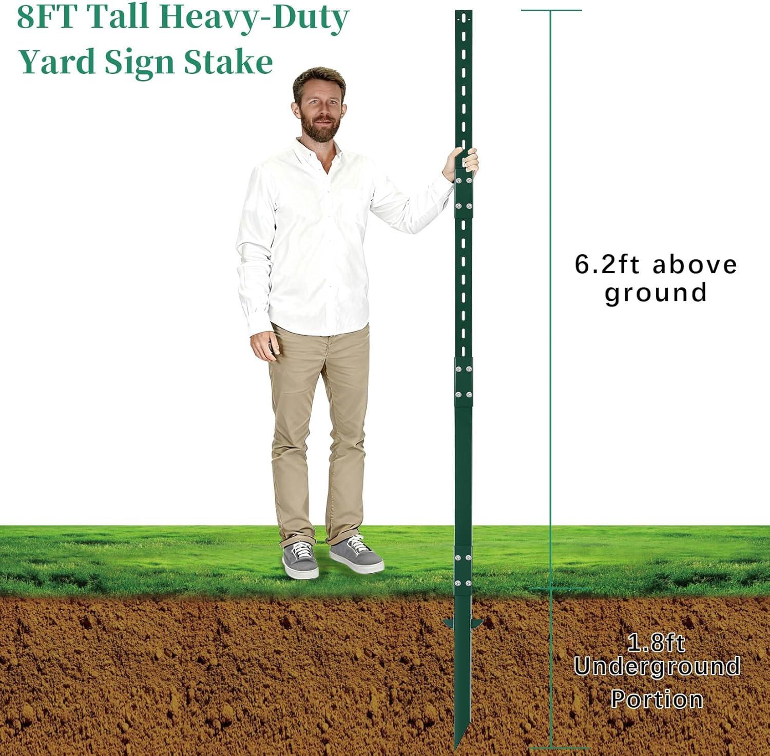 2 Pack 8 Feet Heavy-Duty Rust-Proof Metal Sign Stakes - Wind & Dust Resistant, Fits 7-18 Inch Yard/Road Signs (Green)‌
