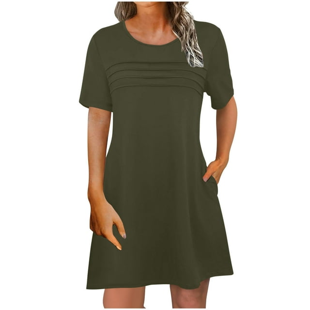 Liquidation d'Été 2025! Robe Grande Taille pour Femmes, Liquidation de Robe d'Été pour Femmes, Mode Femme Confortable Robe d'Été Couleur Unie Manches Courtes Col Rond