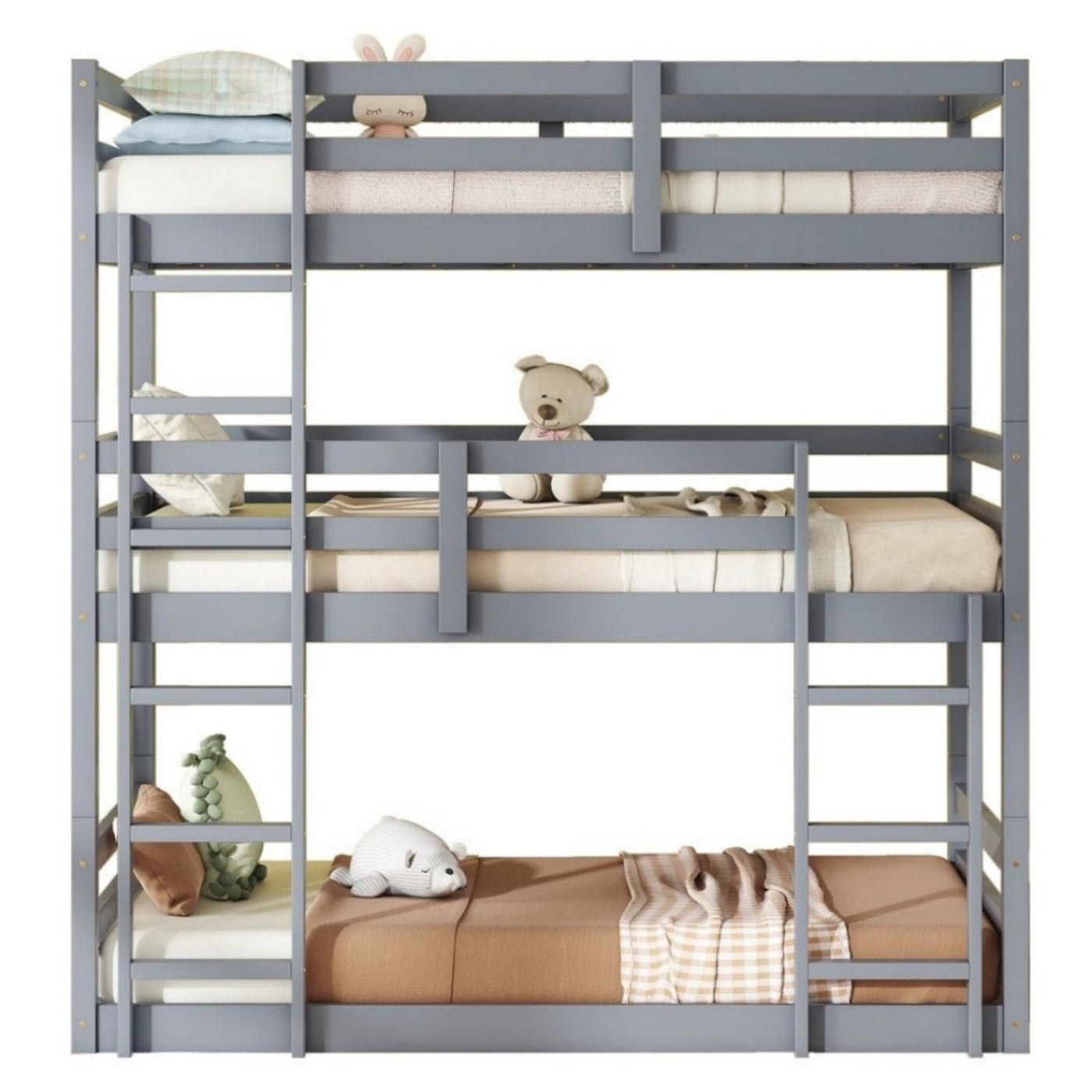 Triple Twin Bunk Bed, Rubber Wood Twin Over Twin Over Twin Bunk Bed with 2 Built-In Ladders & Guardrails, Detachable 3 Twin Beds, Gray