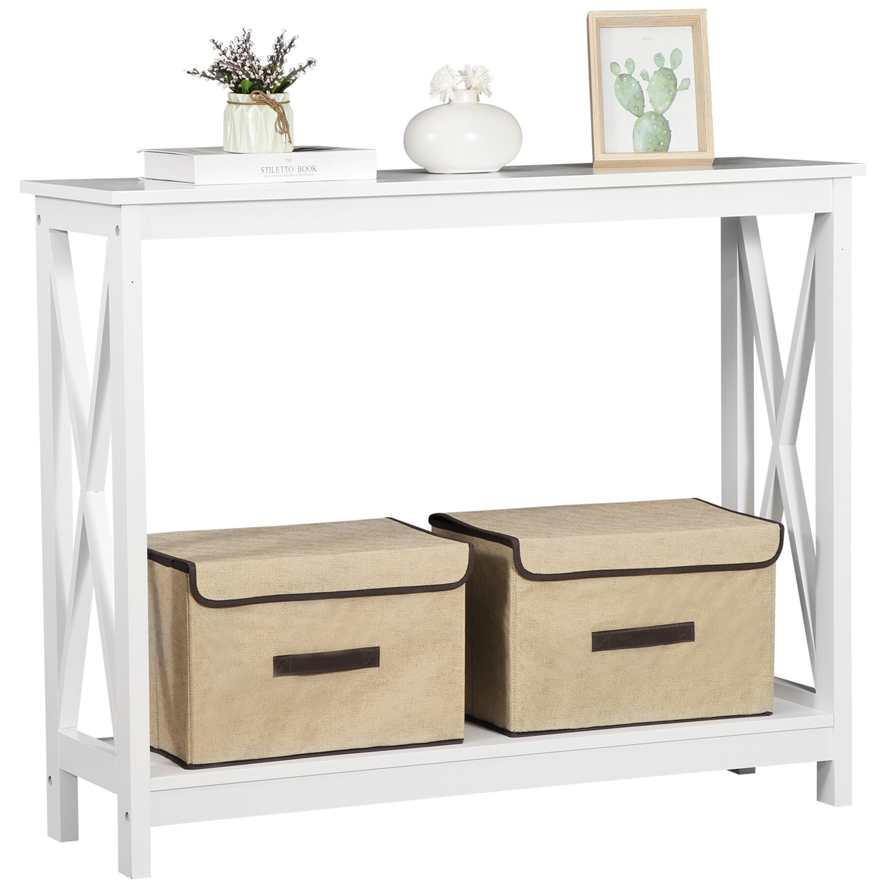 SuperDeal White Console Table 2-Tier MDF Entryway Table X-Design Storage Display Shelf Indoor