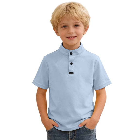 FINALGANG Boys Kids Casual Solid Color Short Sleeve Polo Shirt Stand Collar With Placket Button Regular Fit Top For Spring Summer Daily Wear Sky Blue 9-10 Years