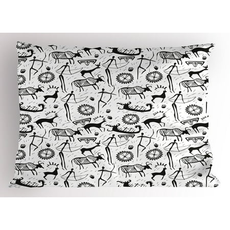 - Tribal Pillow Sham African Primitive Pattern with Cultural Mask Animal and Arrows Folk Design, Decorative Standard Size Printed Pillowcase, 26 X 20 Inches, Black and White, by Ambesonne