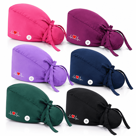 6 Pcs Adjustable Scrub Caps For Women,Nursing Hats with Buttons,Bouffant Nurse Hats Ponytail Holder Bouffant Turban