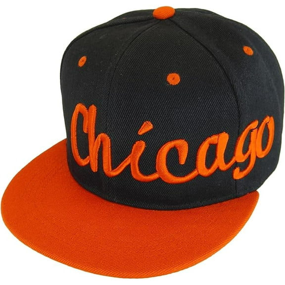 Chicago City Name Offset Script Snapback Baseball Cap (Black/Red)