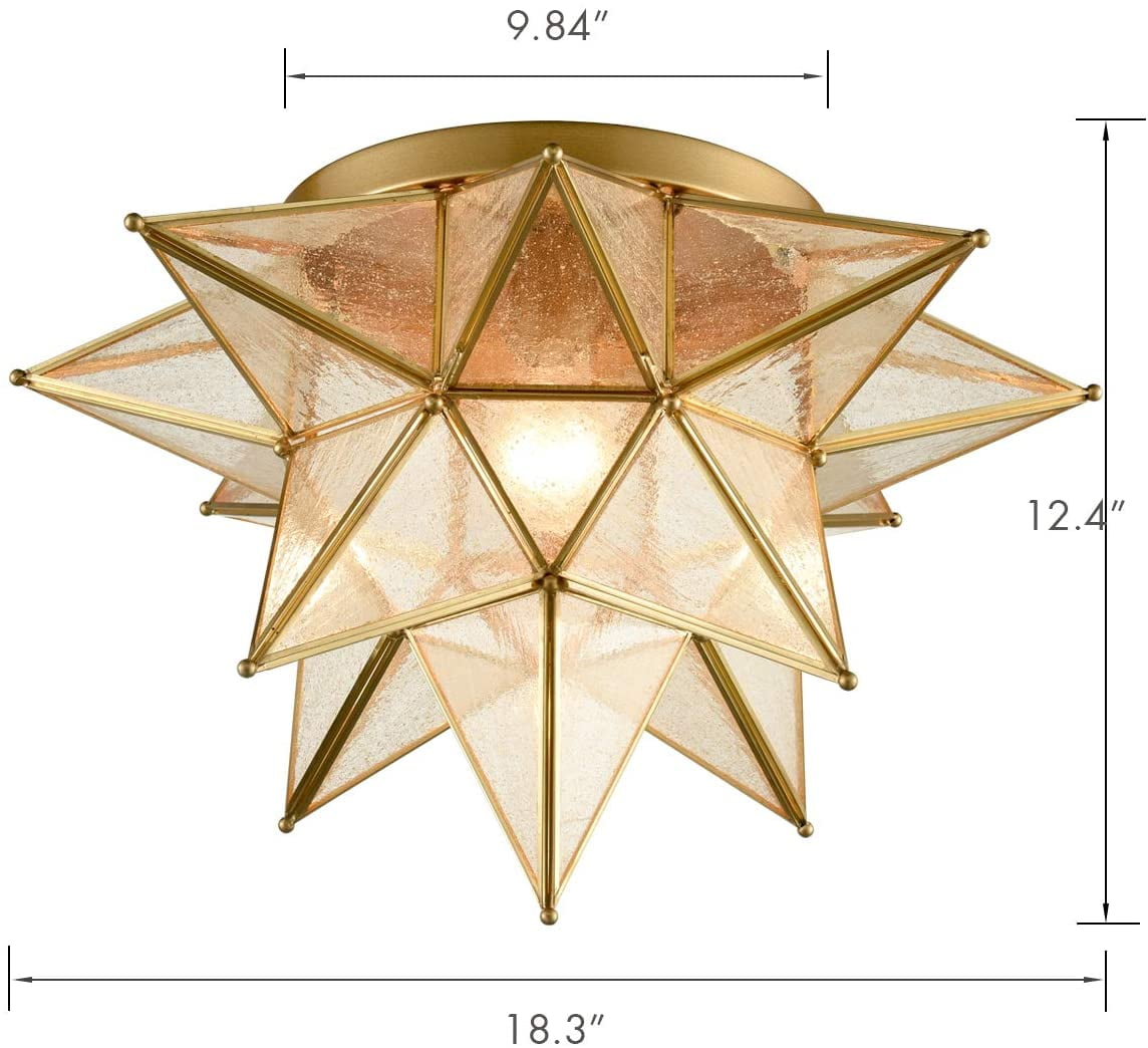 Brass Moravian Star Ceiling Light Seeded Glass 18-Inch