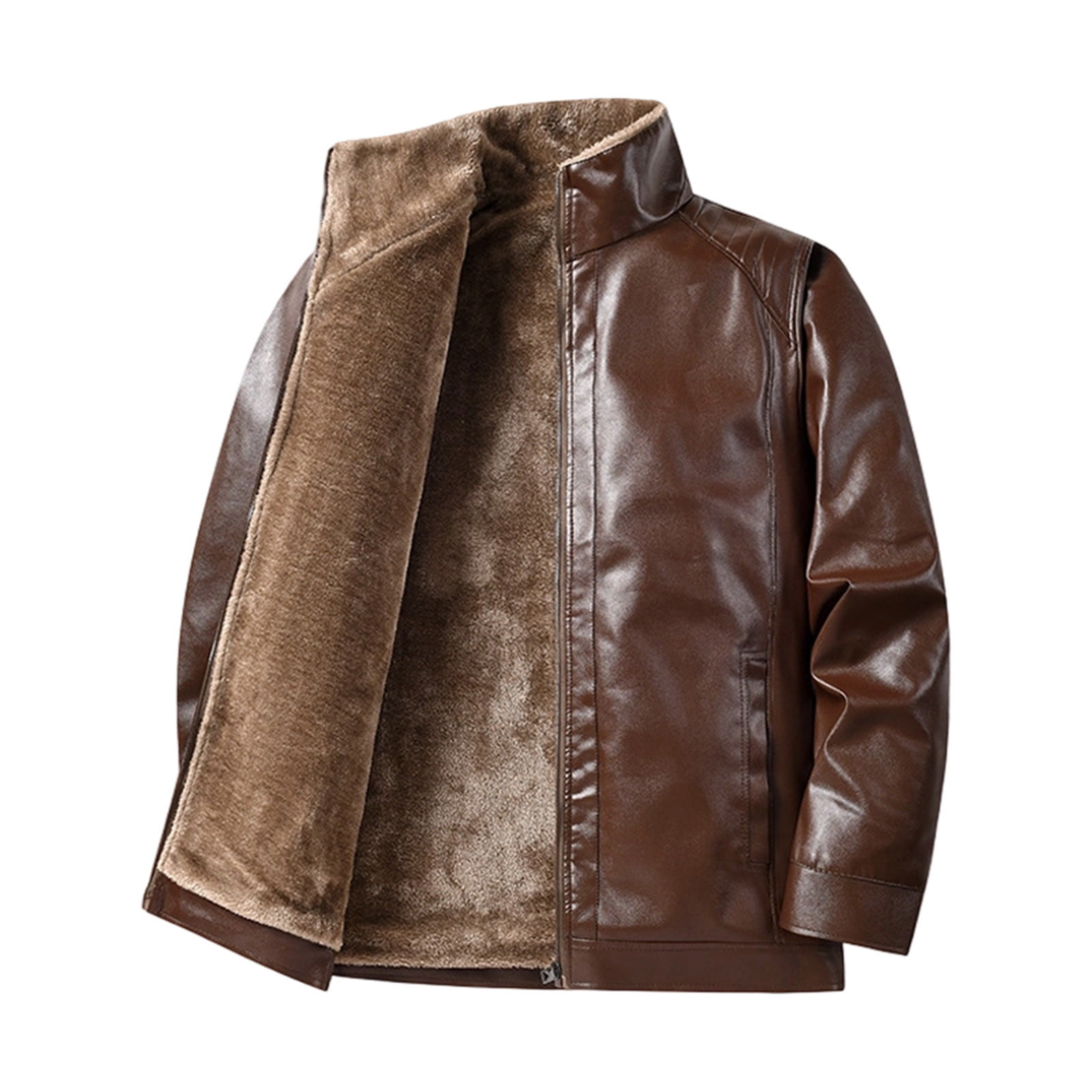 KeShDi Mens Leather Jacket Men's Solid Color Thick Warm Long Sleeved Stand Up Collar Zipper Cardigan Jacket Coffee 3X