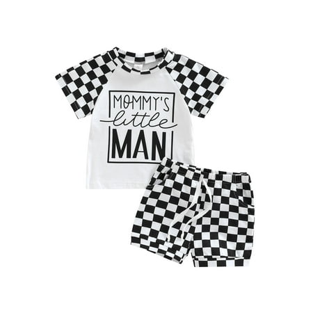 

Calsunbaby Toddler Baby Boys 2Pcs Clothes Suit Short Sleeve Letter Plaid Crew Tees + Straps Plaid Shorts Summer Outfits Black White 18-24 Months
