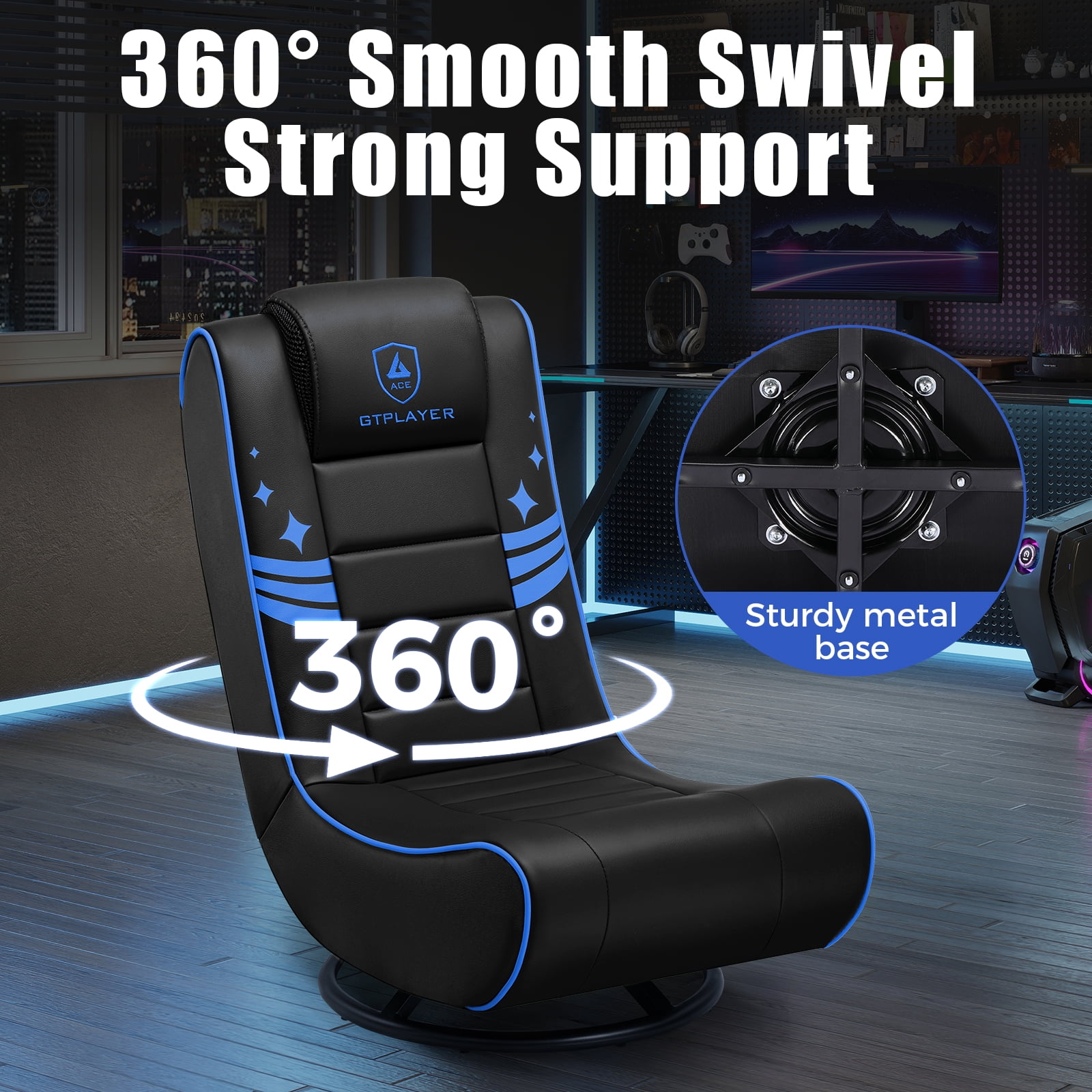 GTPLAYER Swivel Floor Gaming Chairs with Foldable Backrest for Teens, Black&blue